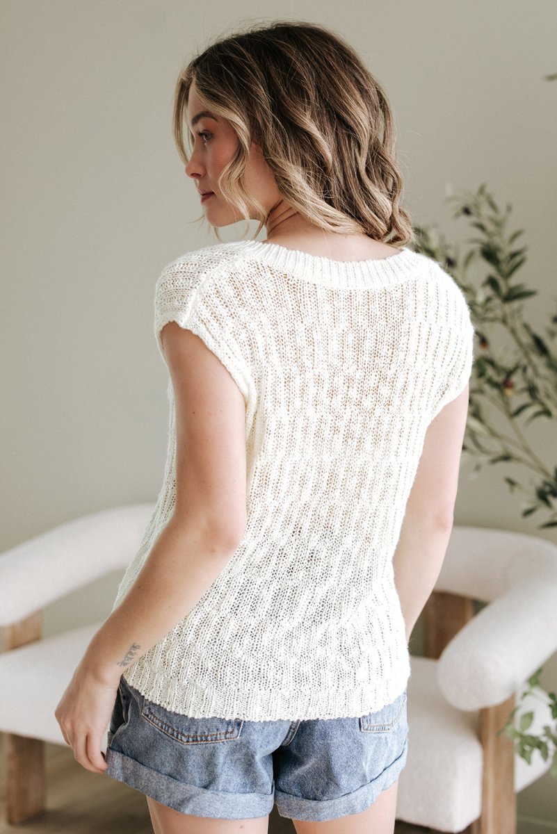 Beige Notched V Neck Short Sleeve Sweater for Casual Wear - Love Salve 