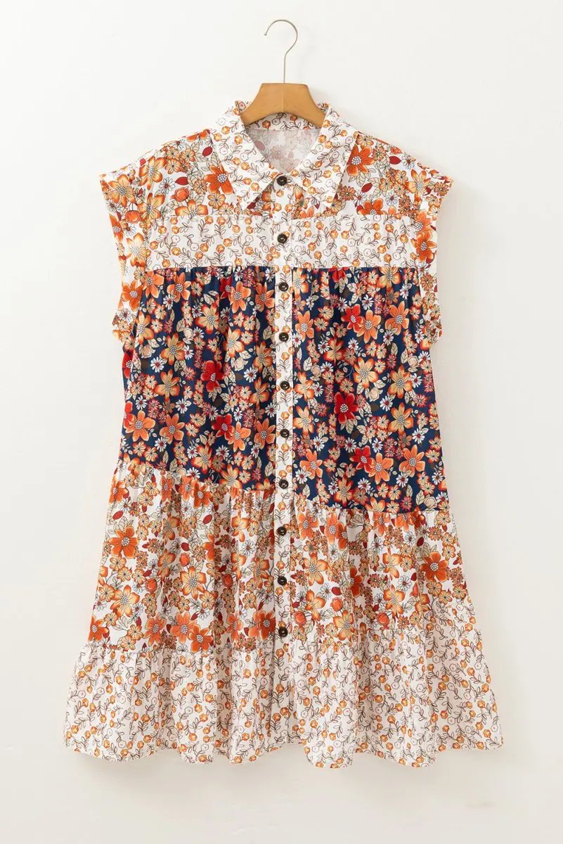 Beige Plus Size Floral Patchwork Button Front Collared Mini Dress - Love Salve 