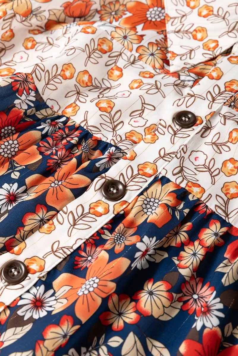 Beige Plus Size Floral Patchwork Button Front Collared Mini Dress - Love Salve 