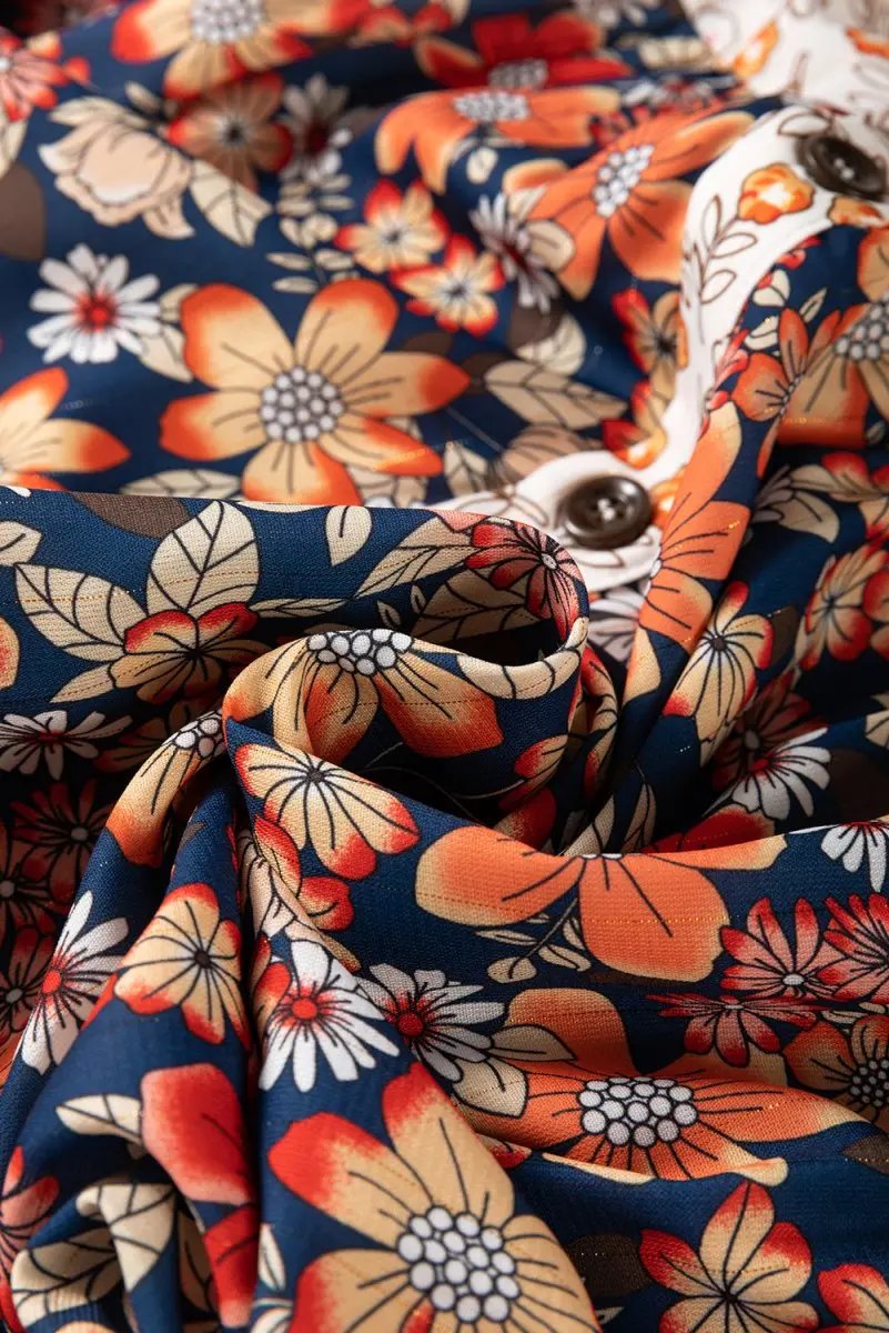 Beige Plus Size Floral Patchwork Button Front Collared Mini Dress - Love Salve 