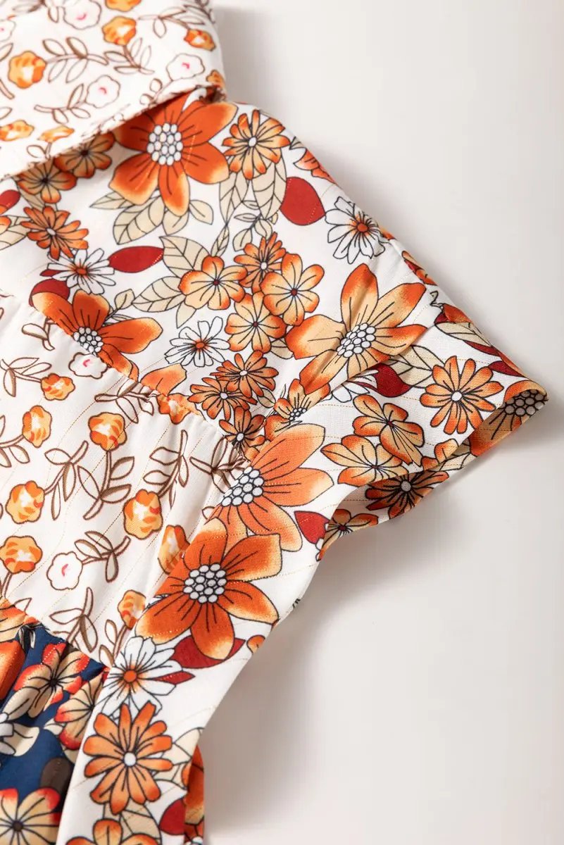 Beige Plus Size Floral Patchwork Button Front Collared Mini Dress - Love Salve 