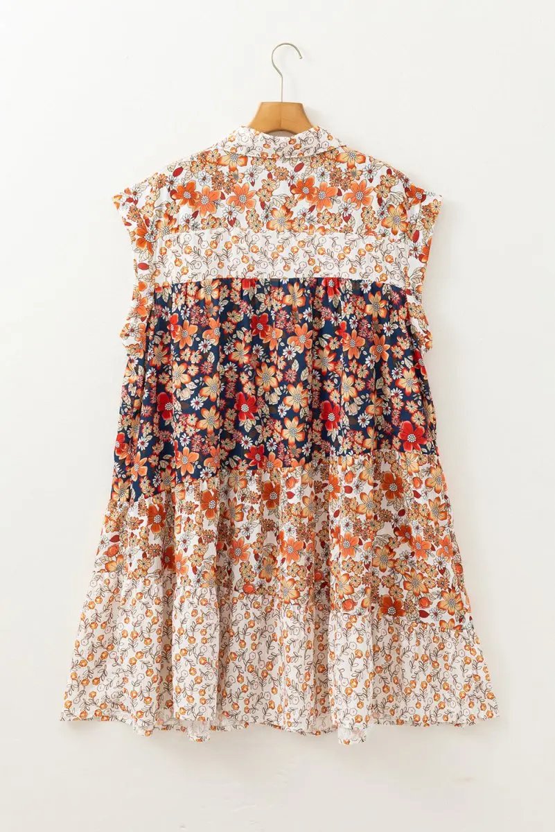 Beige Plus Size Floral Patchwork Button Front Collared Mini Dress - Love Salve 