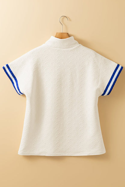 Beige Preppy Striped Trim Quarter Zipper Short Sleeve Top - Love Salve 