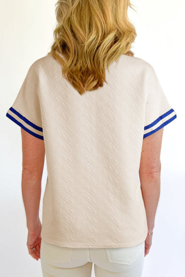Beige Preppy Striped Trim Quarter Zipper Short Sleeve Top - Love Salve 