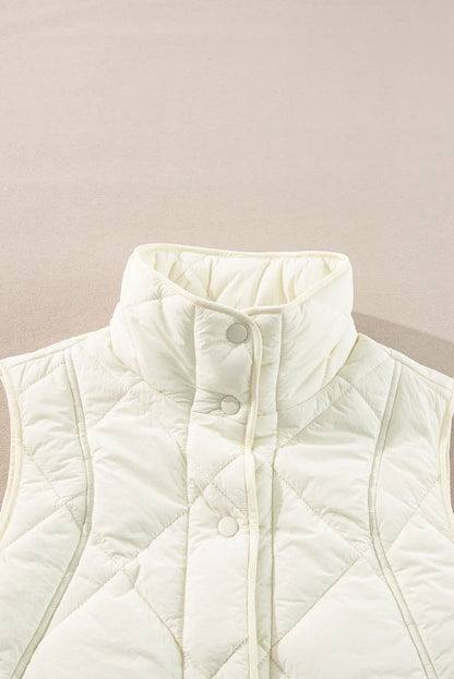 Beige Quilted High Neck Button Up Pocket Vest Coat - Love Salve 
