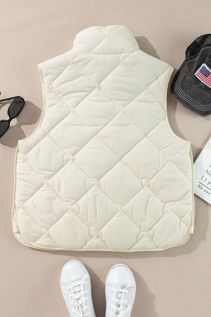 Beige Quilted High Neck Button Up Pocket Vest Coat - Love Salve 