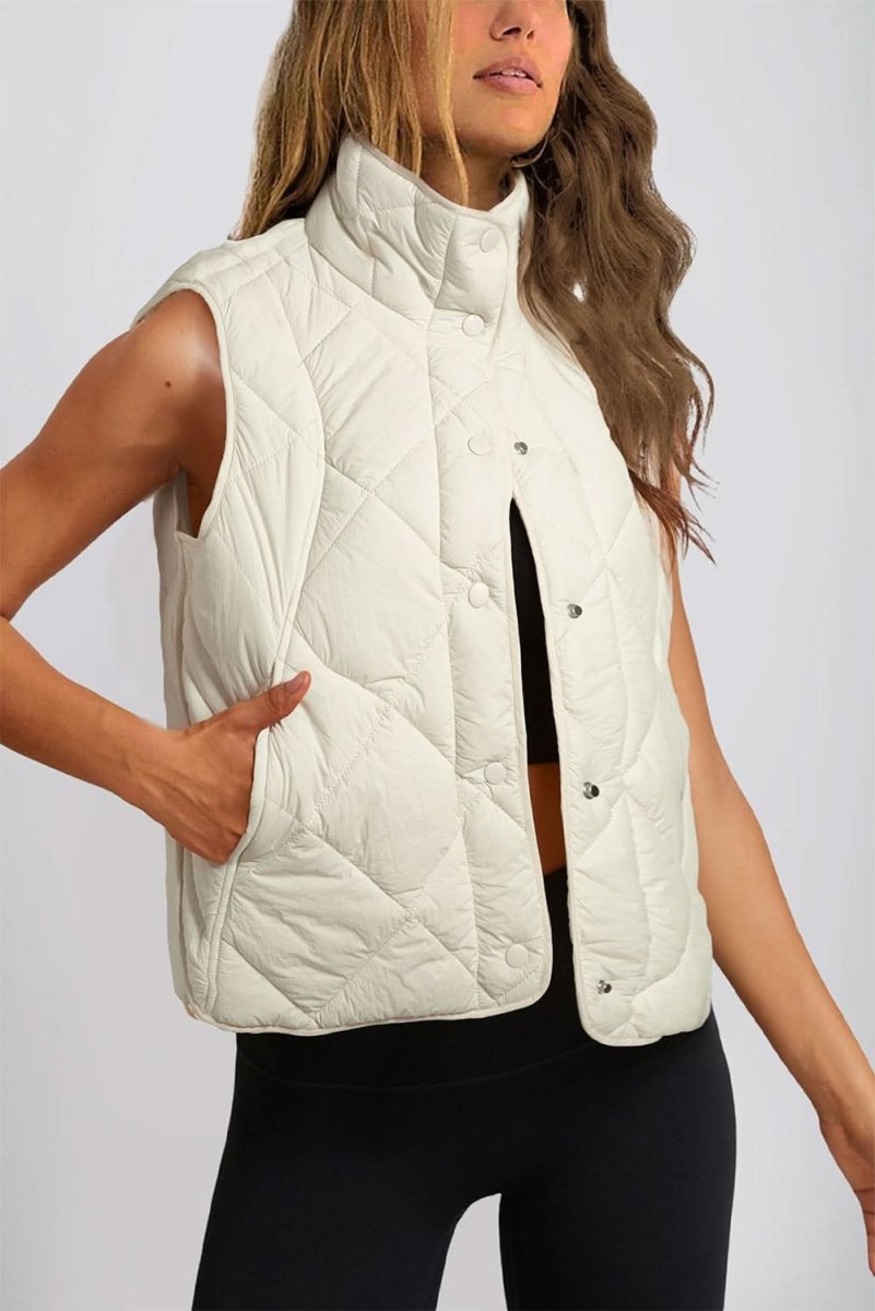Beige Quilted High Neck Button Up Pocket Vest Coat - Love Salve 