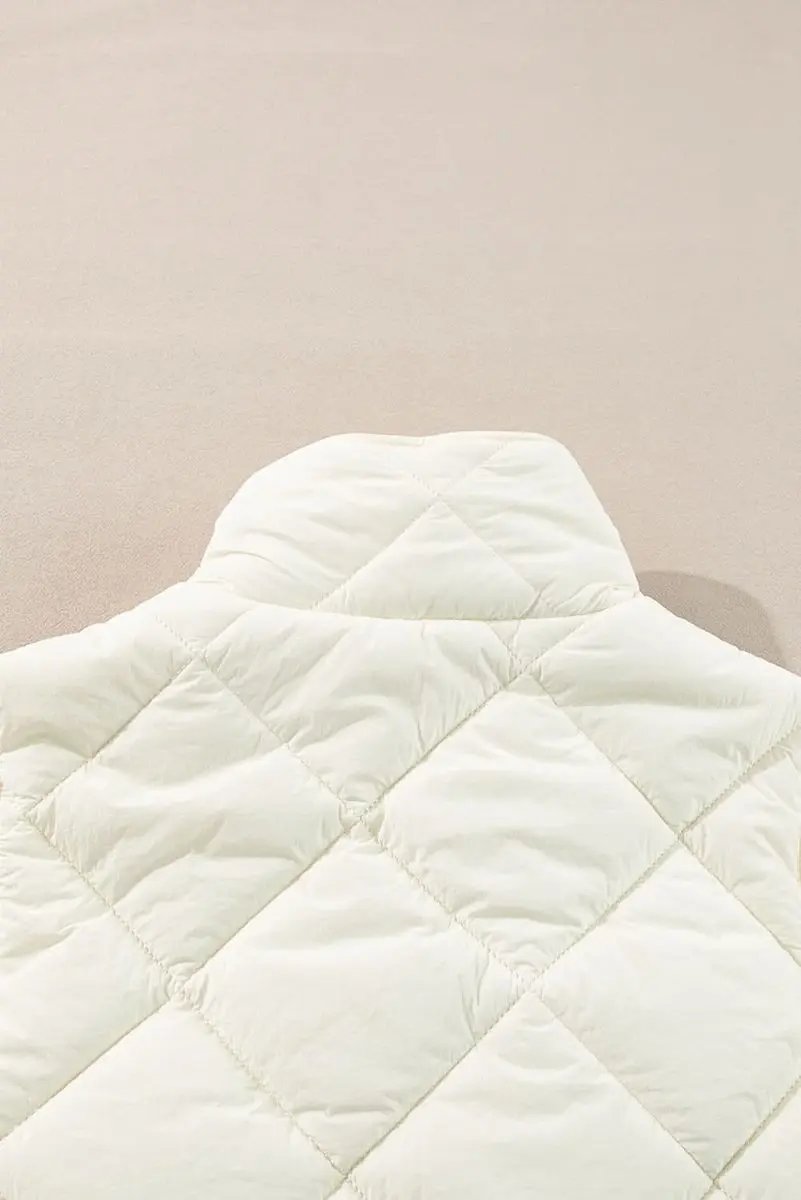 Beige Quilted High Neck Button Up Pocket Vest Coat - Love Salve 