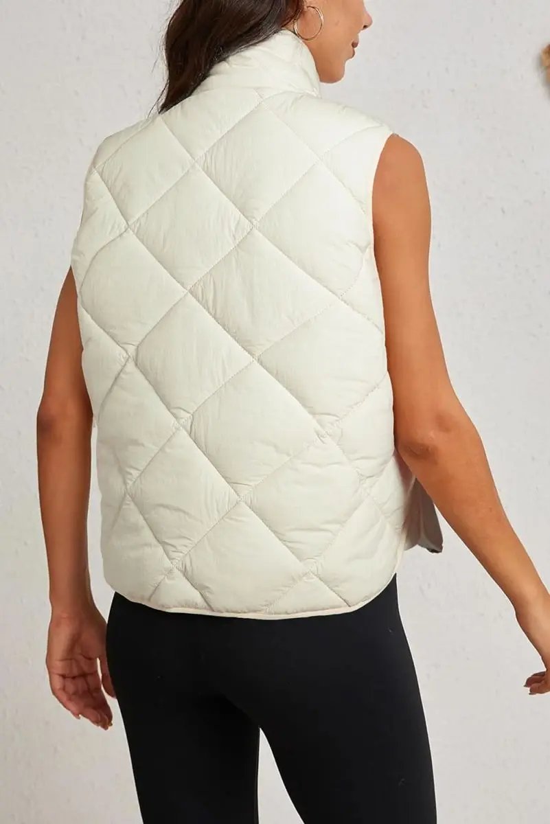 Beige Quilted High Neck Button Up Pocket Vest Coat - Love Salve 
