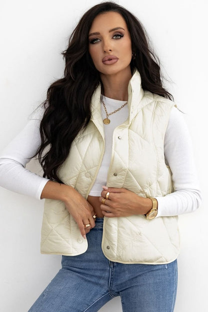 Beige Quilted High Neck Button Up Pocket Vest Coat - Love Salve 