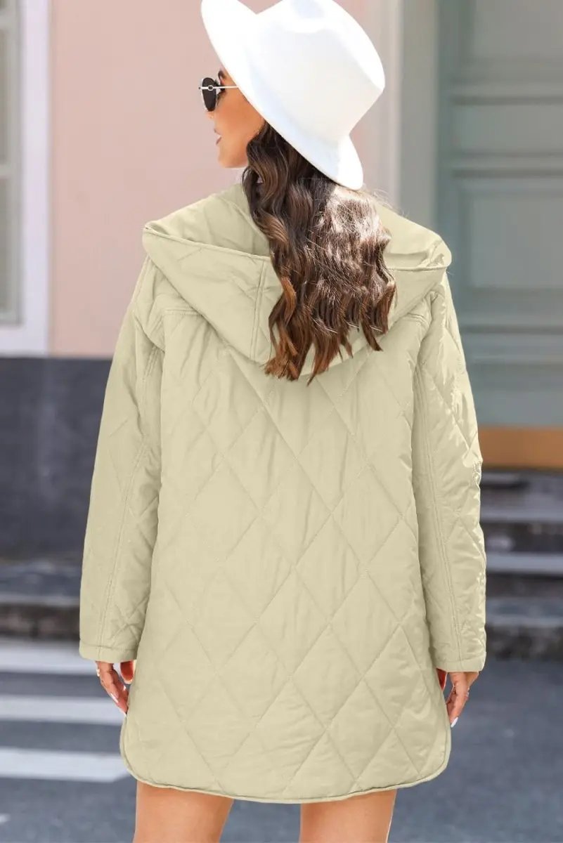 Beige Quilted Snap Button Hooded Coat - Love Salve 