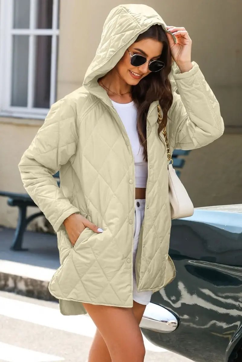 Beige Quilted Snap Button Hooded Coat - Love Salve 