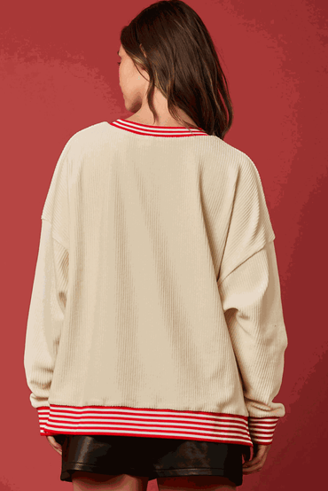 Beige Santa Skiing Graphic Striped Trim Corded Sweatshirt - Love Salve 