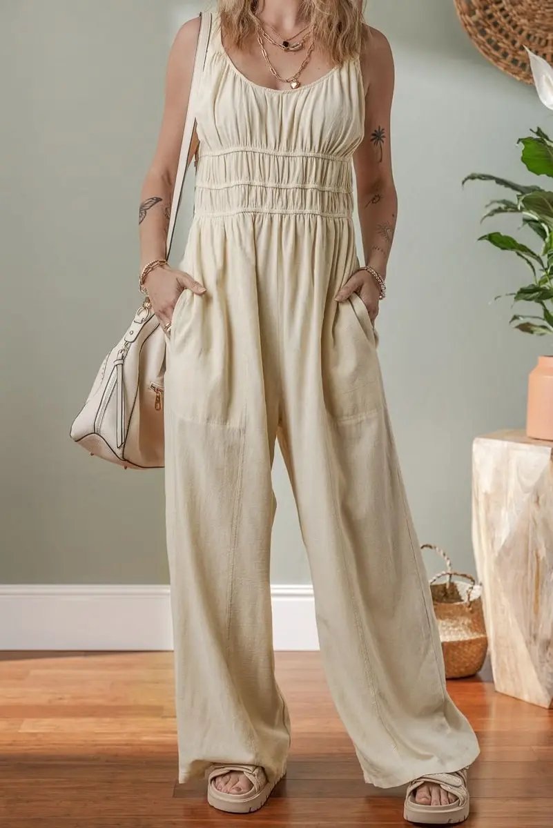 Beige Sleeveless Wide Leg Jumpsuit with Ruched High Waist Design - Love Salve
