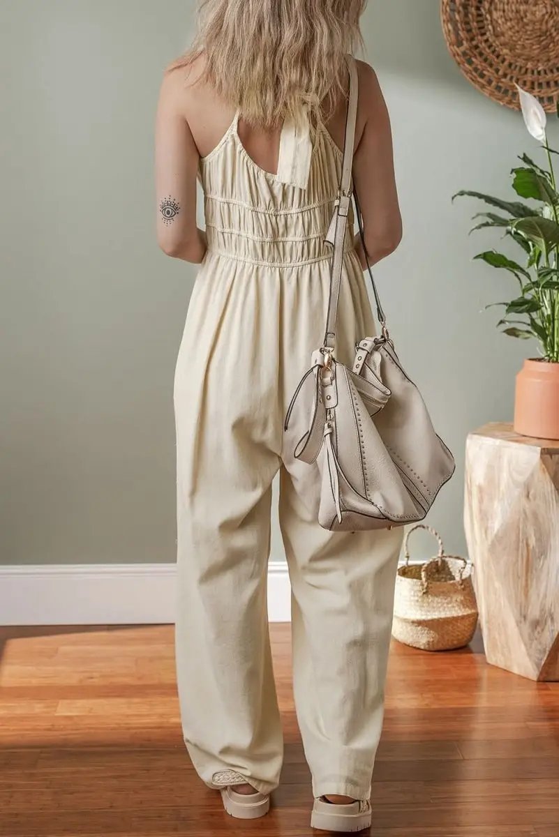 Beige Sleeveless Wide Leg Jumpsuit with Ruched High Waist Design - Love Salve