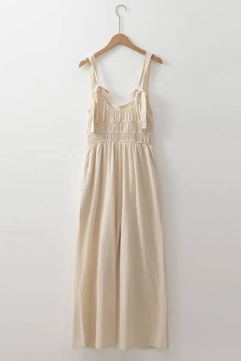 Beige Sleeveless Wide Leg Jumpsuit with Ruched High Waist Design - Love Salve