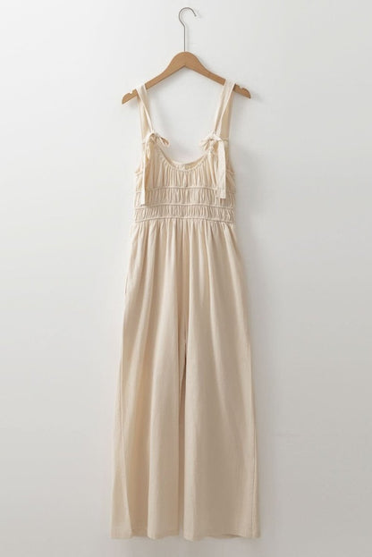 Beige Sleeveless Wide Leg Jumpsuit with Ruched High Waist Design - Love Salve
