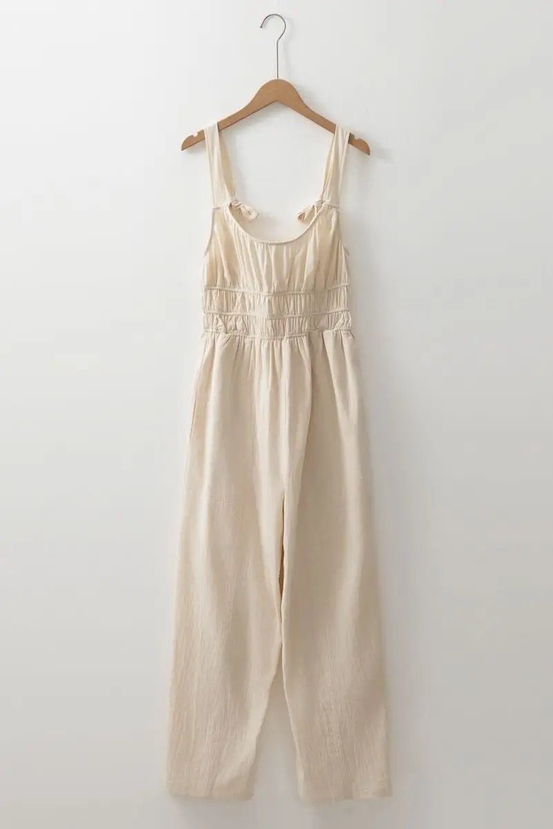 Beige Sleeveless Wide Leg Jumpsuit with Ruched High Waist Design - Love Salve