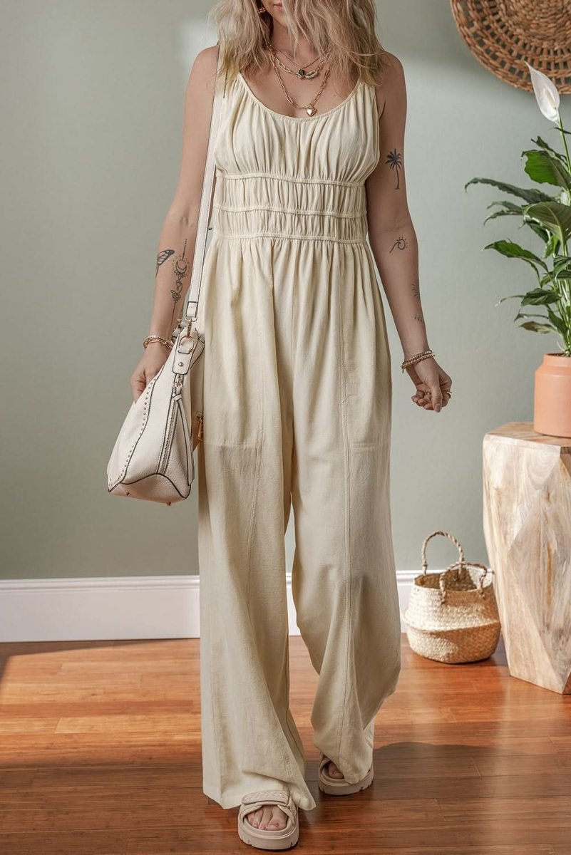 Beige Sleeveless Wide Leg Jumpsuit with Ruched High Waist Design - Love Salve