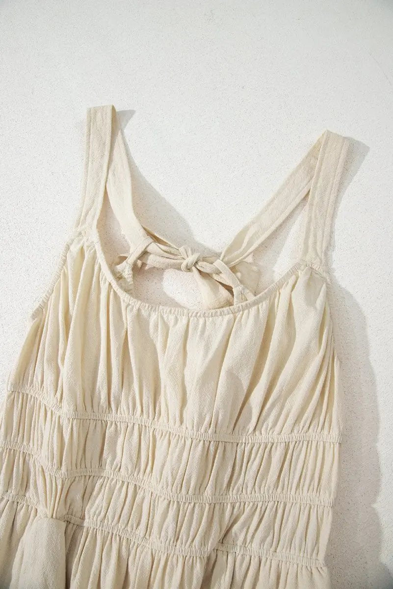 Beige Sleeveless Wide Leg Jumpsuit with Ruched High Waist Design - Love Salve