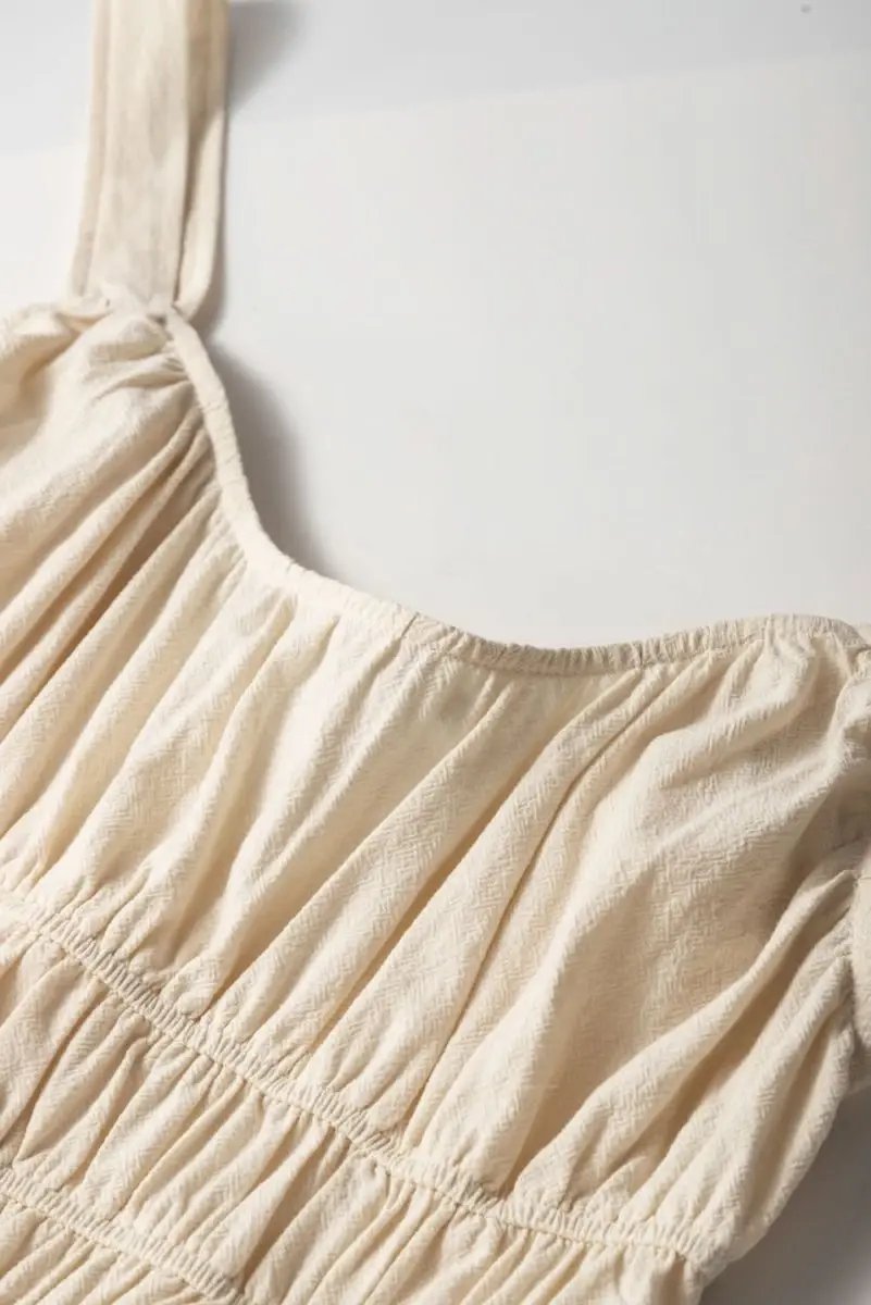 Beige Sleeveless Wide Leg Jumpsuit with Ruched High Waist Design - Love Salve