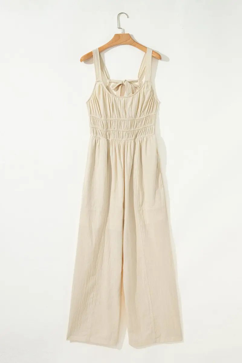 Beige Sleeveless Wide Leg Jumpsuit with Ruched High Waist Design - Love Salve