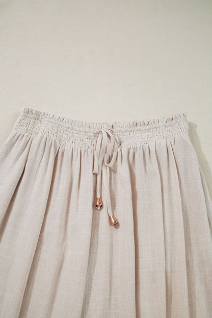 Beige Smocked High Waist Wide Leg Plus Size Pants - Love Salve