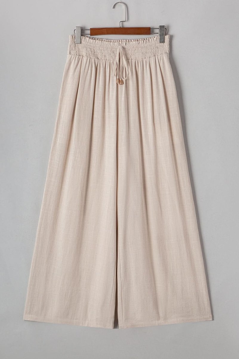 Beige Smocked High Waist Wide Leg Plus Size Pants - Love Salve