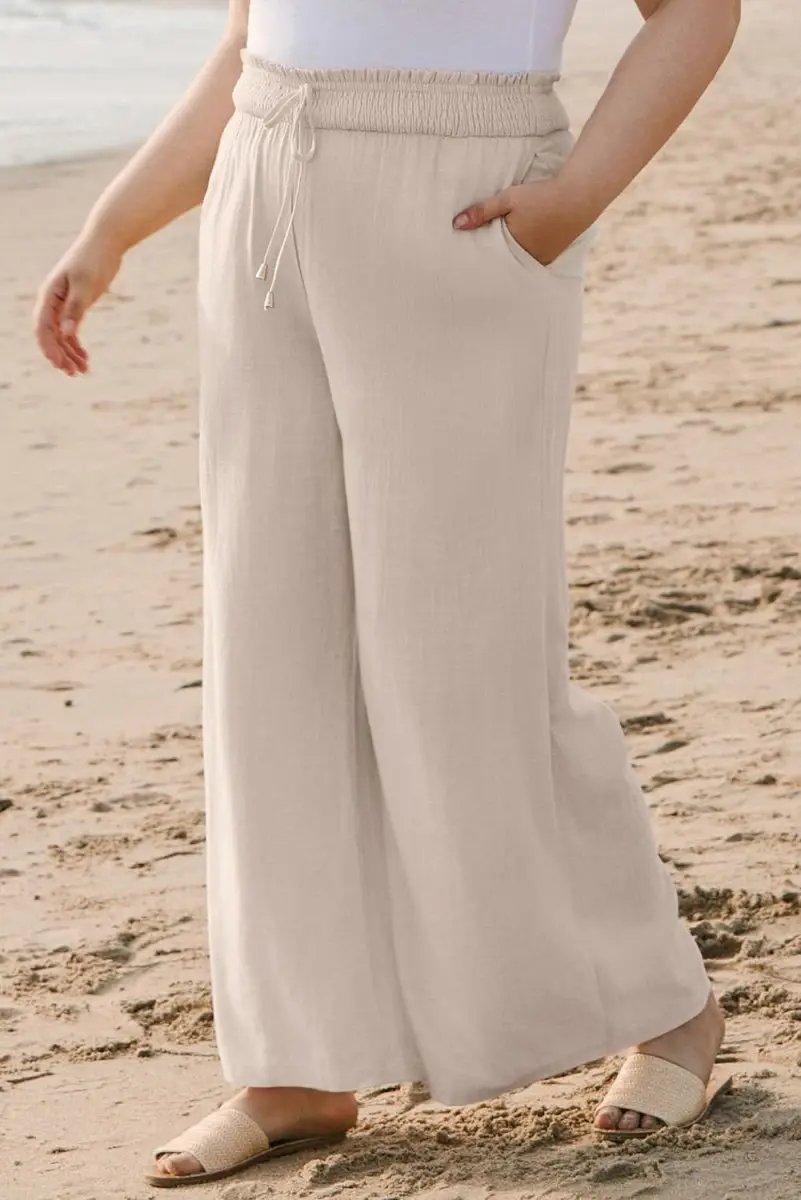 Beige Smocked High Waist Wide Leg Plus Size Pants - Love Salve 