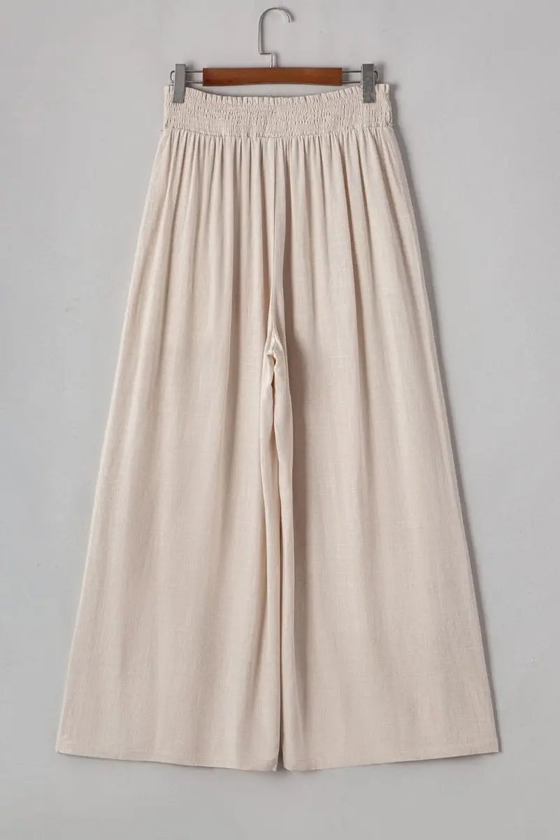 Beige Smocked High Waist Wide Leg Plus Size Pants - Love Salve 