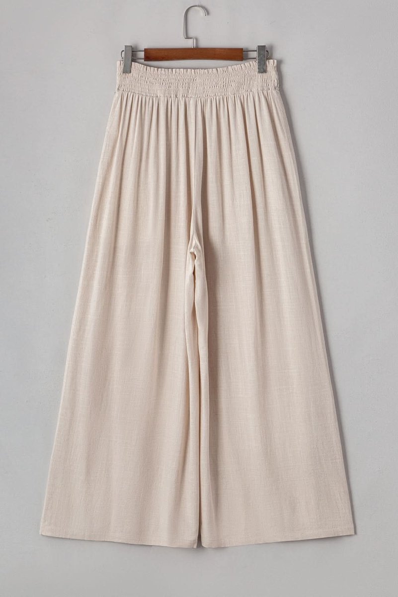 Beige Smocked High Waist Wide Leg Plus Size Pants - Love Salve