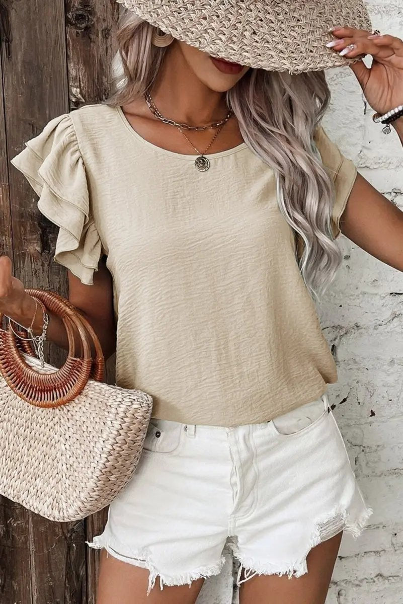 Beige Solid Color Ruffled Short Sleeve Casual Blouse For Women - Love Salve 
