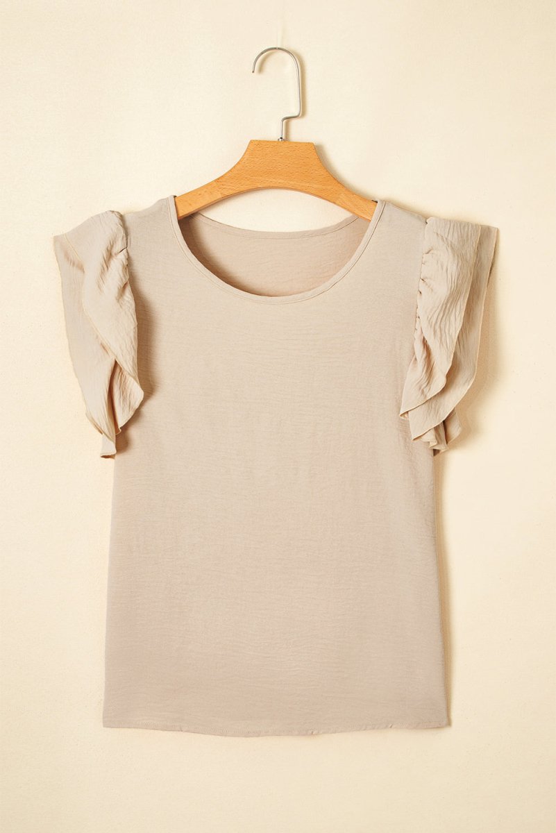 Beige Solid Color Ruffled Short Sleeve Casual Blouse For Women - Love Salve 
