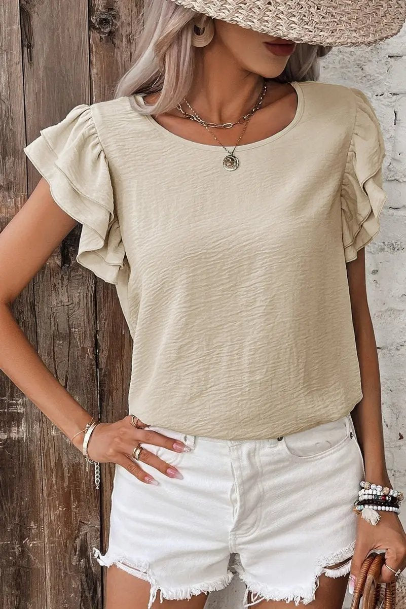 Beige Solid Color Ruffled Short Sleeve Casual Blouse For Women - Love Salve 