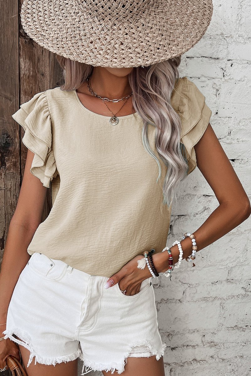 Beige Solid Color Ruffled Short Sleeve Casual Blouse For Women - Love Salve 
