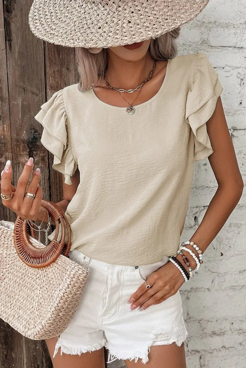 Beige Solid Color Ruffled Short Sleeve Casual Blouse For Women - Love Salve 