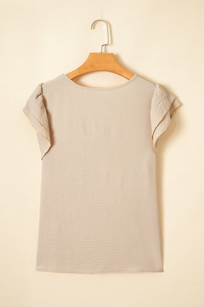 Beige Solid Color Ruffled Short Sleeve Casual Blouse For Women - Love Salve 