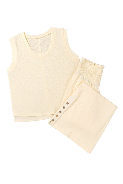 Beige Solid Color Tank Top and Smocked Waist Pants Set - Love Salve 