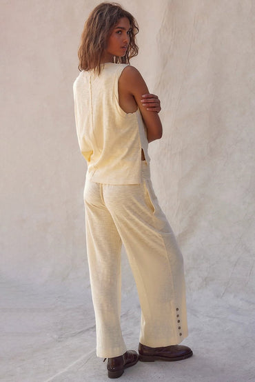 Beige Solid Color Tank Top and Smocked Waist Pants Set - Love Salve 