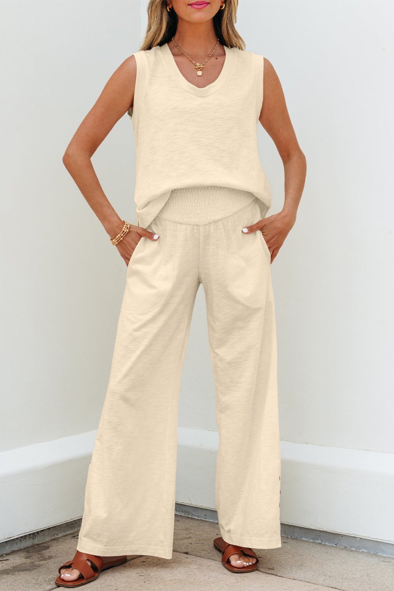 Beige Solid Color Tank Top and Smocked Waist Pants Set - Love Salve 