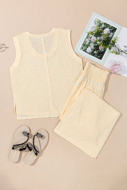 Beige Solid Color Tank Top and Smocked Waist Pants Set - Love Salve 