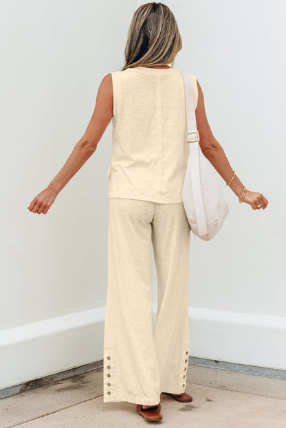 Beige Solid Color Tank Top and Smocked Waist Pants Set - Love Salve 