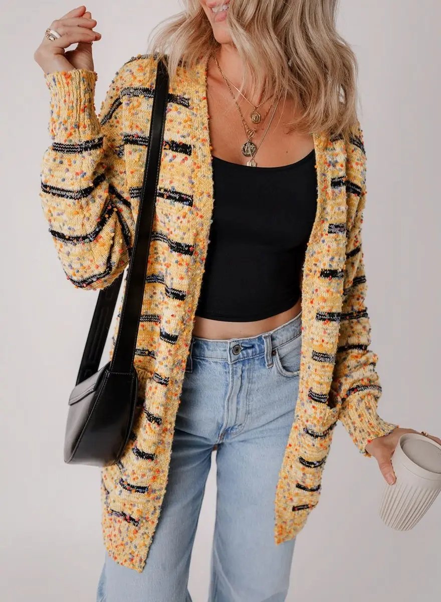 Beige Striped Knit Cardigan with Pom Pom Details - Love Salve 