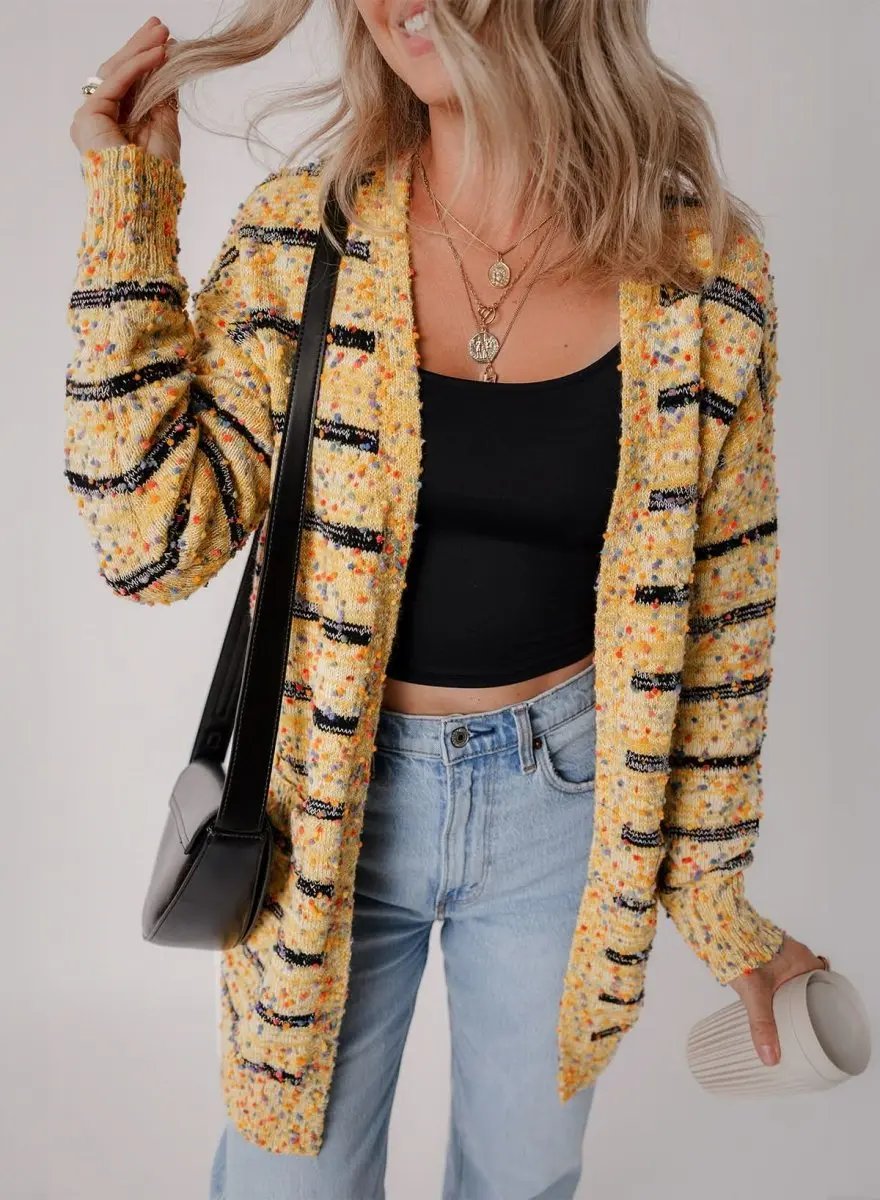 Beige Striped Knit Cardigan with Pom Pom Details - Love Salve 