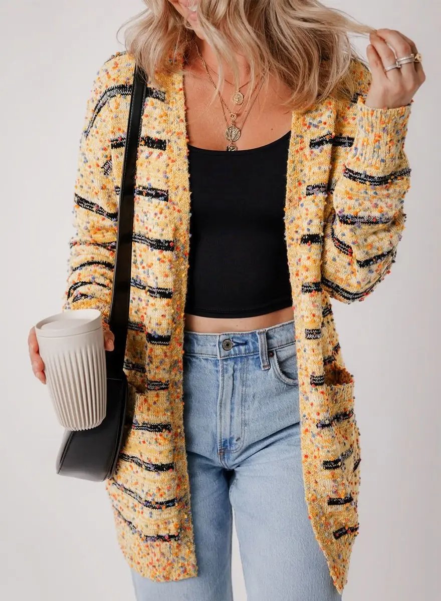 Beige Striped Knit Cardigan with Pom Pom Details - Love Salve 