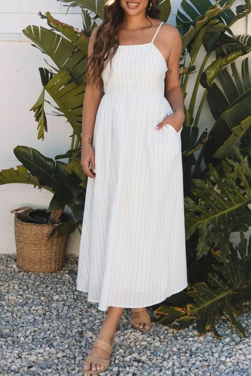 Beige Striped Spaghetti Strap High Waist Maxi Dress with Pockets - Love Salve 