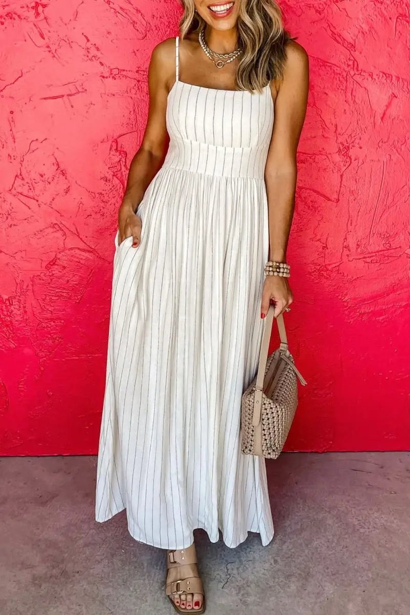 Beige Striped Spaghetti Strap High Waist Maxi Dress with Pockets - Love Salve 