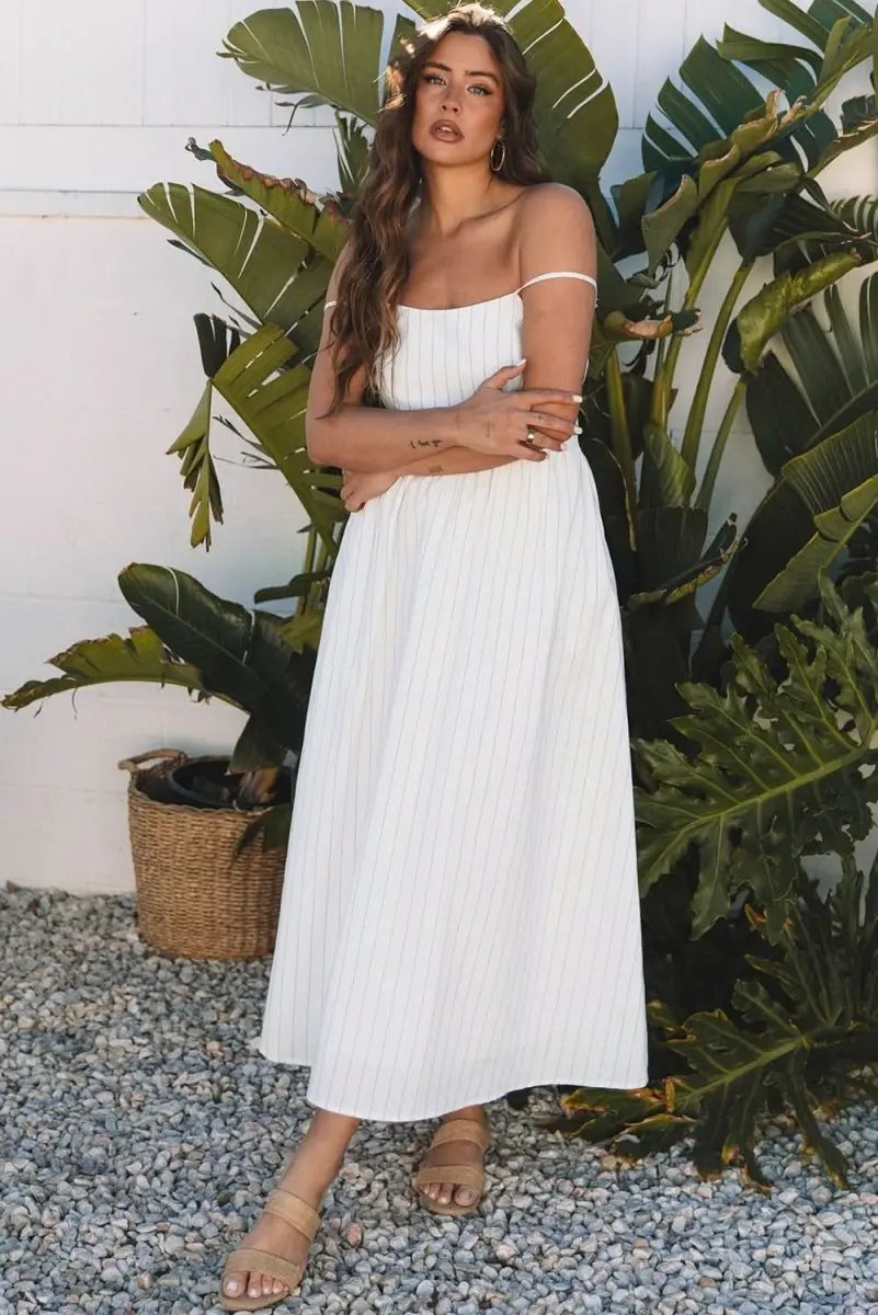 Beige Striped Spaghetti Strap High Waist Maxi Dress with Pockets - Love Salve 