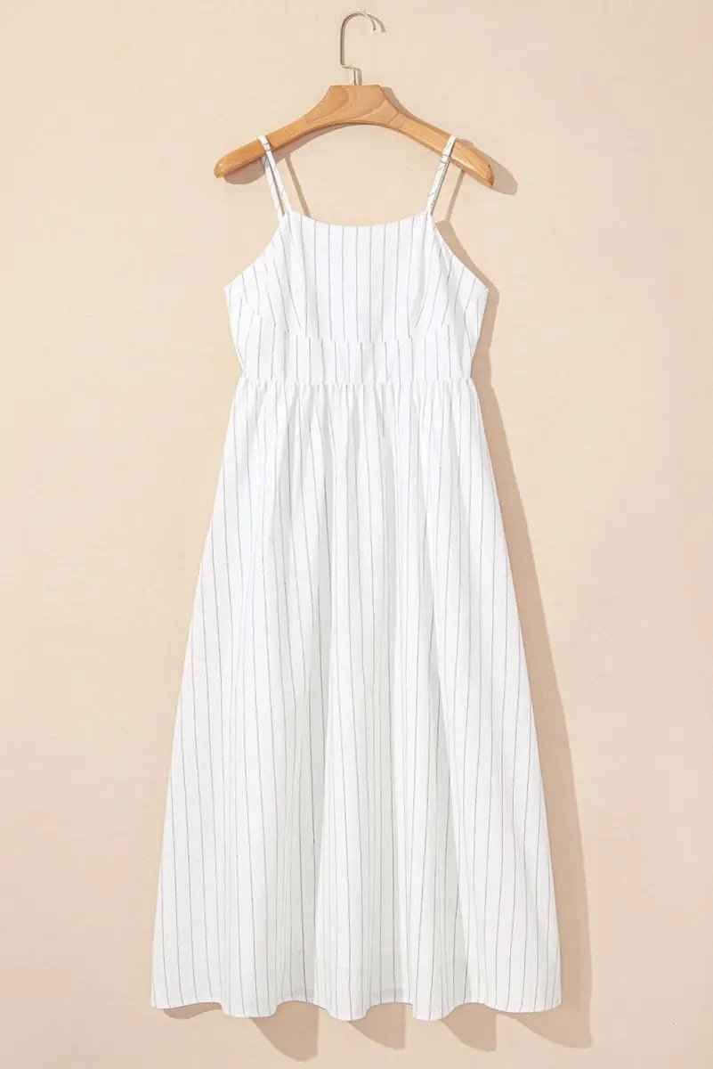 Beige Striped Spaghetti Strap High Waist Maxi Dress with Pockets - Love Salve 