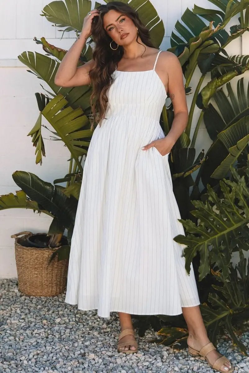 Beige Striped Spaghetti Strap High Waist Maxi Dress with Pockets - Love Salve 